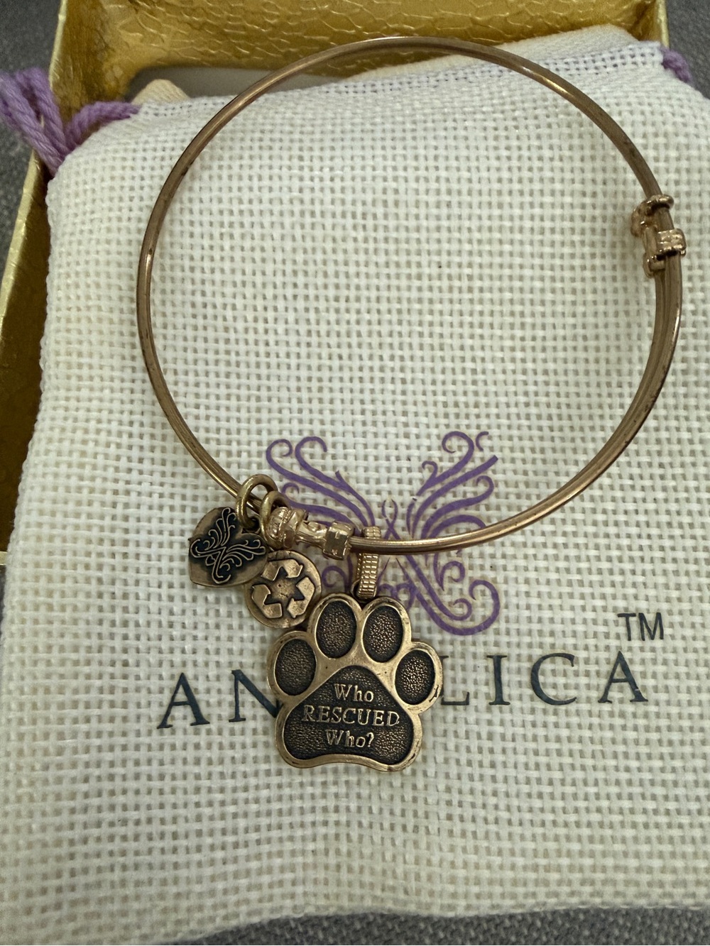 Angelica Smooth Brass Paw Print "Who Rescued Who?" Adjustable Bangle Bracelet